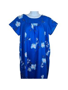Vintage 80s Blue Floral Kalena Fashions Hawaii MuuMuu Maxi Dress Womens M